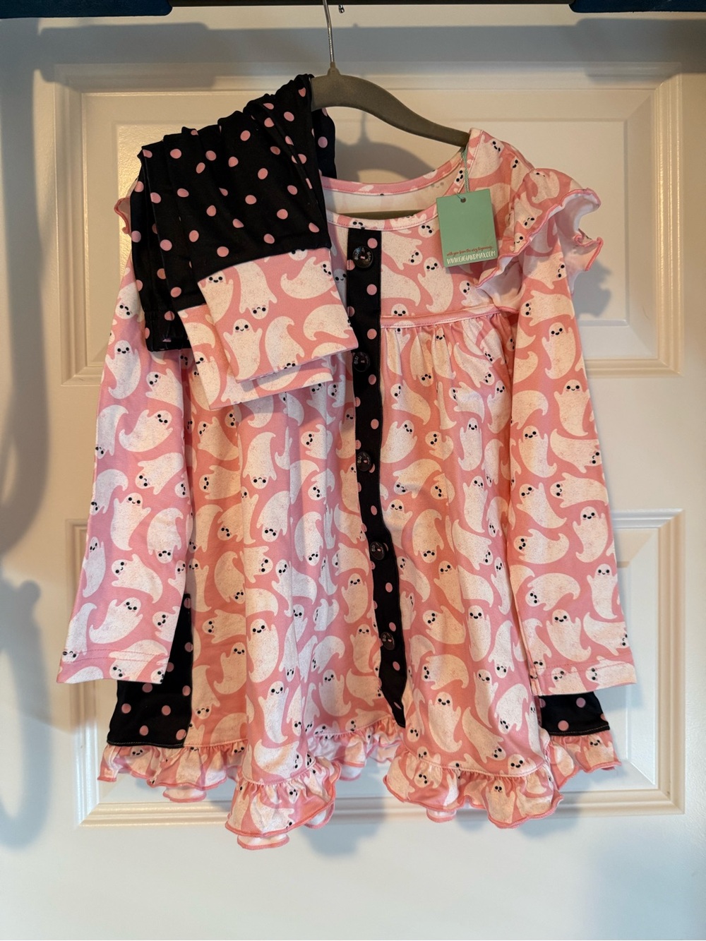 Gigi and Max Girls Pink Ghost Print Ruffle Peplum Set with Polka Dot Accents